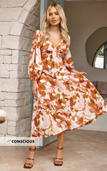 Amalie The Label - Chevonne Linen Blend Tie Front Puff Sleeve Maxi Dress in Baku Print