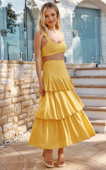 Amalie The Label - Kaleigh Linen Blend Bralette and Tiered Maxi Skirt Two Piece Set in Yellow
