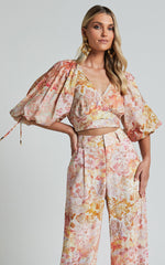 Amalie The Label - Nazila Linen Blend Balloon Sleeve Crop Top in Morocco Print