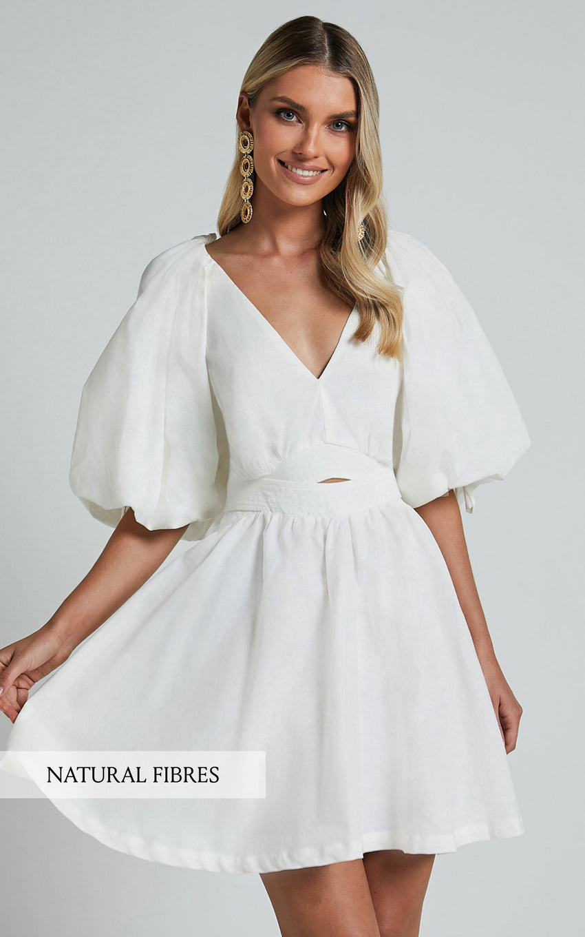 Amalie The Label - Movida Linen Blend Balloon Sleeve Crossover Band Mini Dress in White