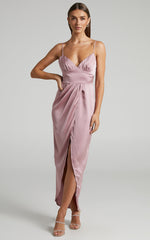 Azrael Midi Dress - V Neck Satin Tulip Dress in Blush