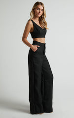 Adelaide Two Piece Set - Crop Top and Wide Leg Pants Set in Black