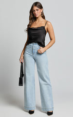 Adele Cami - Cowl Neck Satin Top With Lace Detail in Black