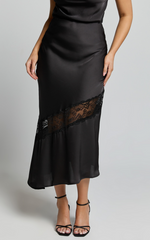 Adele Midi Skirt - Satin Slip Skirt with Lace Detail in Black