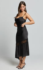 Adele Midi Skirt - Satin Slip Skirt with Lace Detail in Black