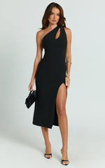 Adriene Midi Dress - One Shoulder Cut Out Bodycon Dress in Black