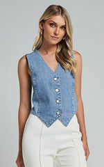 Adriene Top - Button Through Denim Vest in Mid Blue Wash