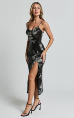 Adrienne Midi Dress - Sequin Embroidered Slip Dress in Black