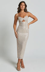 Agatha Midi Dress - Sequin Twist Front Cut Out Dress in Gold