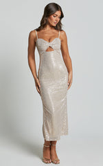 Agatha Midi Dress - Sequin Twist Front Cut Out Dress in Gold