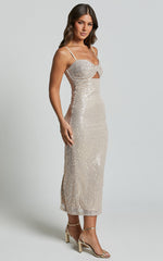 Agatha Midi Dress - Sequin Twist Front Cut Out Dress in Gold