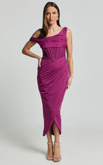 Aidia Midi Dress - Off Shoulder Draped Corset Dress in Plumss