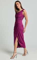 Aidia Midi Dress - Off Shoulder Draped Corset Dress in Plumss