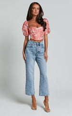 Aislin Top - Puff Sleeve Sweetheart Jacquard Corset in Apricot