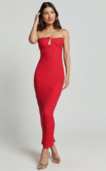 Alberta Midi Dress- Strapless bust detail textured dress in Red