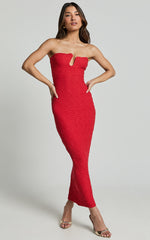 Alberta Midi Dress- Strapless bust detail textured dress in Red