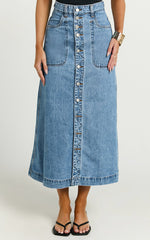 Alisa Midi Skirt - Button Through A Line Denim in Mid Blue Wash
