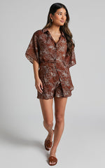 Alofi Top - Collared Button Through Short Sleeve Blouse in Brown Floral