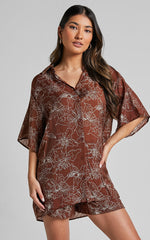 Alofi Top - Collared Button Through Short Sleeve Blouse in Brown Floral