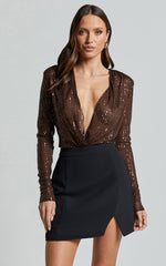Alora Bodysuit - Sequin Wrap Front Long Sleeve Bodysuit in Chocolate