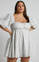 Amalie The Label - Hamyya Linen Tie Back Puff Sleeve Mini Linen Dress in Dolce Fleur