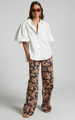 Amalie The Label - Janae Linen Blend Collared Puff Sleeve Button Up Shirt in Ivory