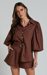 Amalie The Label - Janae Linen Blend Collared Puff Sleeve Button Up Shirt in Chocolate