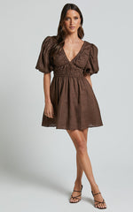 Amalie The Label - Khaila Linen Plunge Puff Sleeve Mini Linen Dress in Chocolate