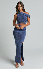 Anastasia Two Piece Set - Asymmetric Ruched Top and Thigh Split Midi Skirt Set in Steel Blue