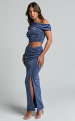 Anastasia Two Piece Set - Asymmetric Ruched Top and Thigh Split Midi Skirt Set in Steel Blue
