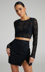 Andrik Two Piece Set - Mesh Long Sleeve Crop Top and Mini Skirt Set in Black Zebra