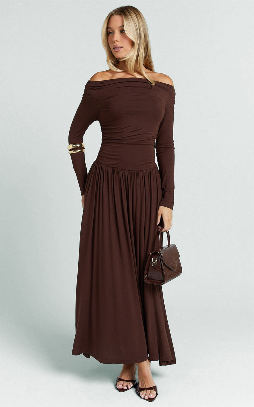 Antonia Midi Dress - Off The Shoulder Long Sleeve Dress in Brown