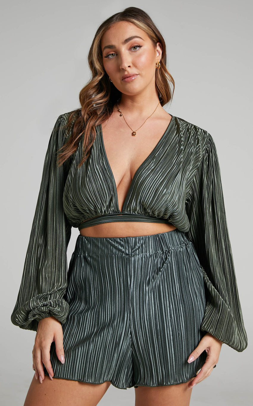 Archer Shorts - High Waisted Plisse Shorts in Olive