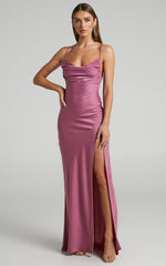 Ardent Maxi Dress - Cowl Neck Tie Back Satin Dress in Orchid
