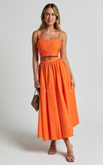 Astrid Two Piece Set - Ruched Chest Top and Midi Skirt Set in Orange