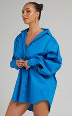 Janaya Mini Dress - Long Sleeve Shirt Dress in Blue