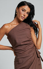 Bailey Top - Linen One Shoulder Pleated Bodice Top in Chocolate