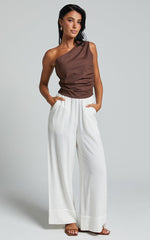 Bailey Top - Linen One Shoulder Pleated Bodice Top in Chocolate