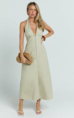 Beata Midi Dress - Plunge Halter A Line Dress in Sage