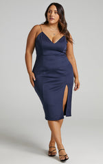 Big Ideas Midi Dress - V Neck Thigh Split Dress in Navy