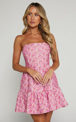 Brailey Mae Mini Dress - Strapless Tiered Dress in Pink Floral