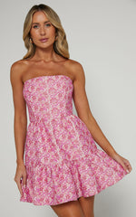 Brailey Mae Mini Dress - Strapless Tiered Dress in Pink Floral