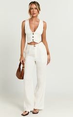 Bree Top - Linen V Neck Button Up Cropped Vest in White