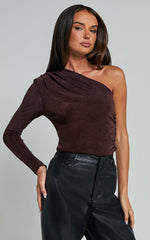 Bridgette Top - One Shoulder Long Sleeve Ruched Top in Chocolate