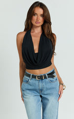 Britta Top - Cowl Neck Halter Crop Top in Black