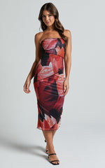 Brunetta Midi Dress - Strapless Mesh Dress in Peach and Black Floral