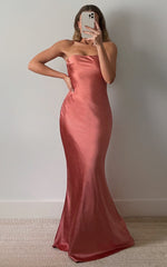 Charlita Maxi Dress - Strapless Cowl Back Satin Dress in Peach