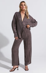Kaya Pants - Cupro Drawstring Relaxed Pants in Warm Grey