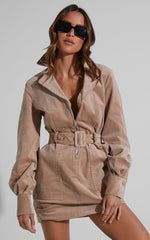 Lheya Mini Dress - Long Sleeve Belted Dress in Beige