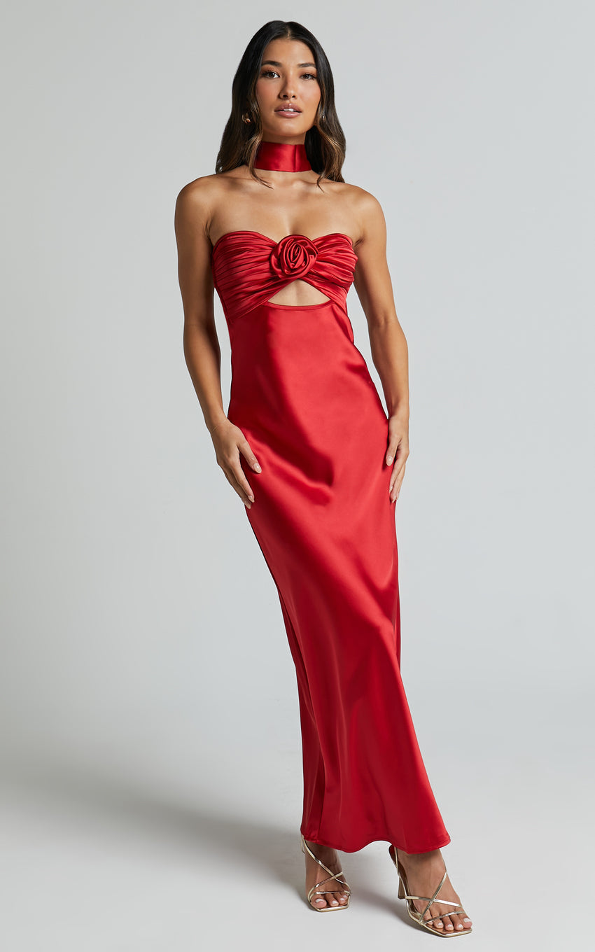 Cady Maxi Dress - Ruched Bust Rosette Detail Satin Dress in Red